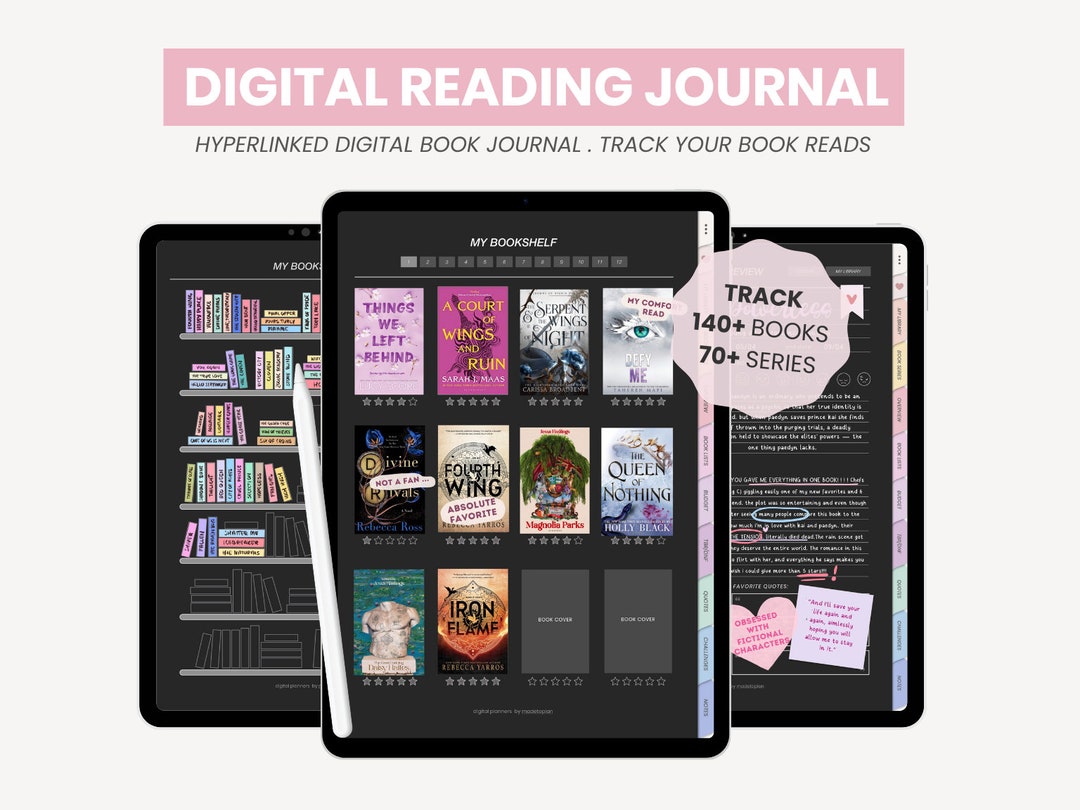 Digital Books Pages. Example Digital Reading Journal | Dark Mode Reading Planner | Dark Academia ...