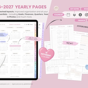 May include: A digital planner for 2026-2027 displayed on a tablet screen with a stylus. The interface features yearly calendar pages, hyperlinked icons for key dates, goals, finances, and memories, plus various layout templates in 19 different colors.