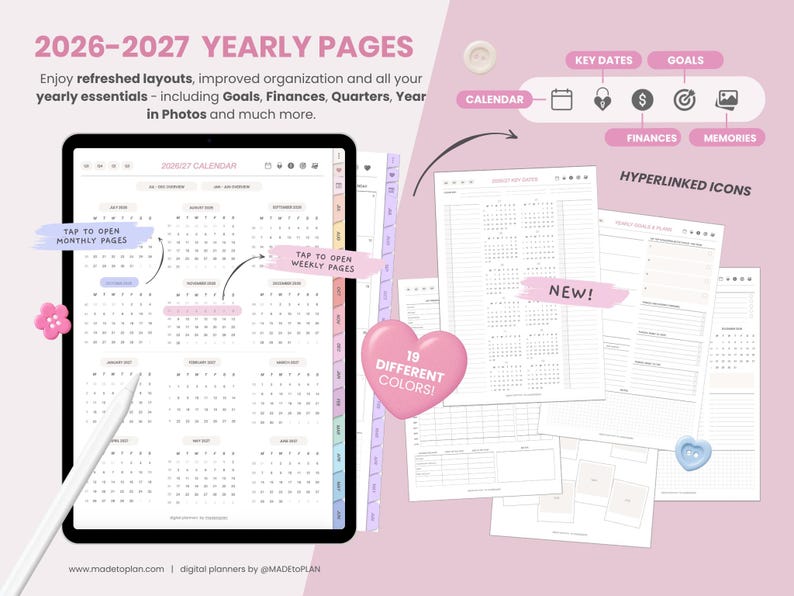 May include: A digital planner for 2026-2027 displayed on a tablet screen with a stylus. The interface features yearly calendar pages, hyperlinked icons for key dates, goals, finances, and memories, plus various layout templates in 19 different colors.