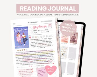 May include: A digital reading journal with a pink and white color scheme. The journal has a section for book reviews and a section to track books read. The journal includes a cover image of the book "Daydream" by Hannah Grace. The journal has a section for favorite quotes and a section for rating the book.