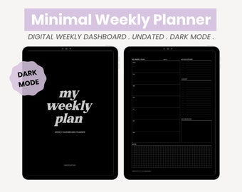 Panel de control del planificador semanal digital / Planificador semanal sin fecha / Planificador en modo oscuro / Descripción general semanal / Plantilla para iPad Goodnotes de MADEtoPLAN