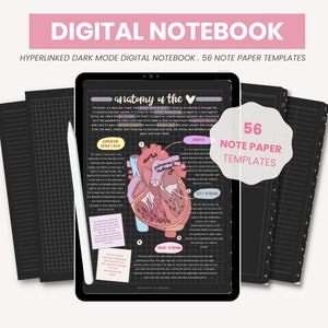 Può includere: Un quaderno digitale con 56 modelli di carta per appunti. Il quaderno è aperto su una pagina con un diagramma dell'anatomia del cuore. Il quaderno è su un tablet con uno stilo accanto. Il quaderno è nero con linee di griglia bianche. Il testo "anatomia del cuore" è in cima alla pagina. Il diagramma mostra il cuore con l'aorta, la vena cava superiore, l'atrio destro e l'atrio sinistro etichettati.