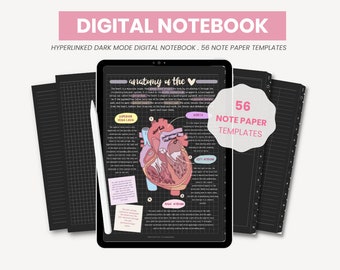 Può includere: Un quaderno digitale con 56 modelli di carta per appunti. Il quaderno è aperto su una pagina con un diagramma dell'anatomia del cuore. Il quaderno è su un tablet con uno stilo accanto. Il quaderno è nero con linee di griglia bianche. Il testo "anatomia del cuore" è in cima alla pagina. Il diagramma mostra il cuore con l'aorta, la vena cava superiore, l'atrio destro e l'atrio sinistro etichettati.