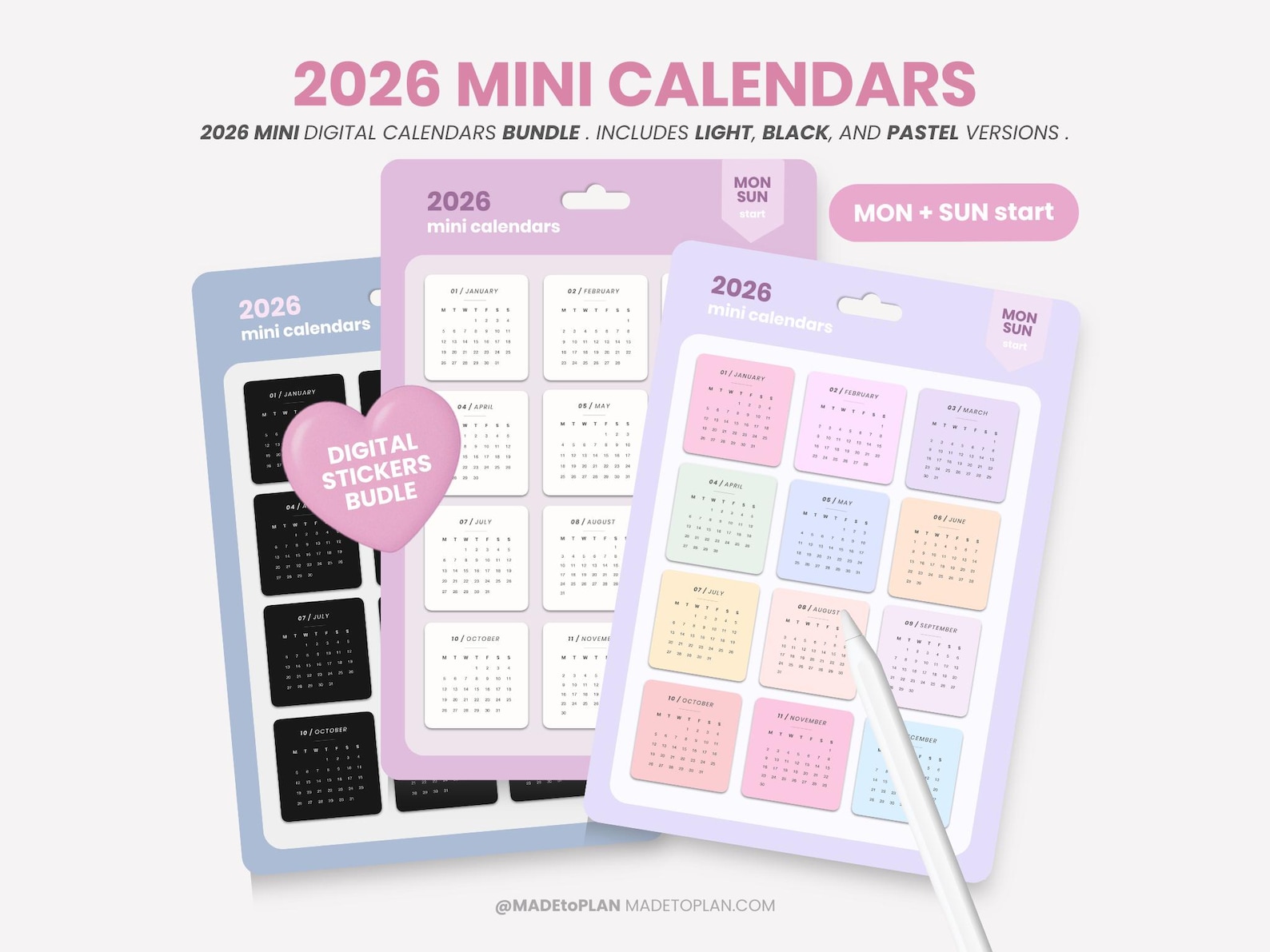 2026 Mini Calendar Digital Stickers Bundle, 2026 Monthly Calendar ...