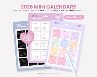 2026 Mini Calendar Digital Stickers Bundle, 2026 Monthly Calendar Pastel Stickers for GoodNotes PNG (Sunday and Monday Start) by MADEtoPLAN