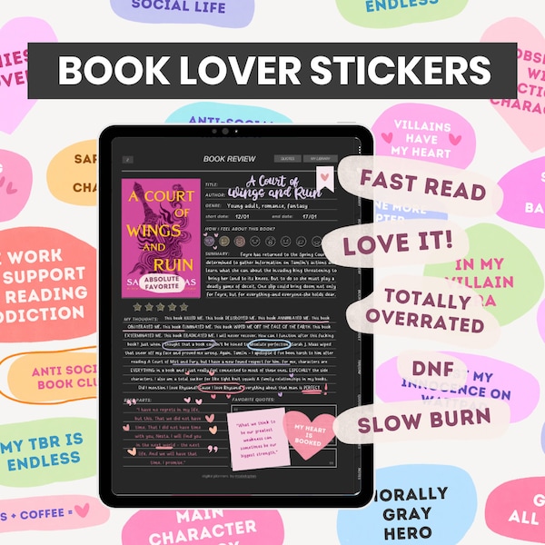 Digital Stickers for Reading Journal | Book Lovers Digital Stickers | Romance Lovers Bookish Pastel Stickers for GoodNotes by MADEtoPLAN