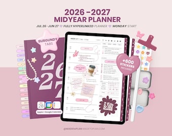 2026 2027 Mid Year Digital Planner, Portrait Dated Daily, Weekly, Monthly Digital Planner, iPad and Goodnotes Planner Journal MADEtoPLAN