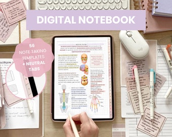 May include: A digital notebook app open on a tablet with a hand holding a stylus. The screen shows a diagram of the human skeletal system. The tablet is surrounded by various stationery items, including highlighters, pens, sticky notes, and a wireless mouse. The text "DIGITAL NOTEBOOK" is displayed in a pink banner at the top of the image. The text "56 NOTE TAKING TEMPLATES + NEUTRAL TABS" is displayed in a pink circle in the lower left corner of the image.