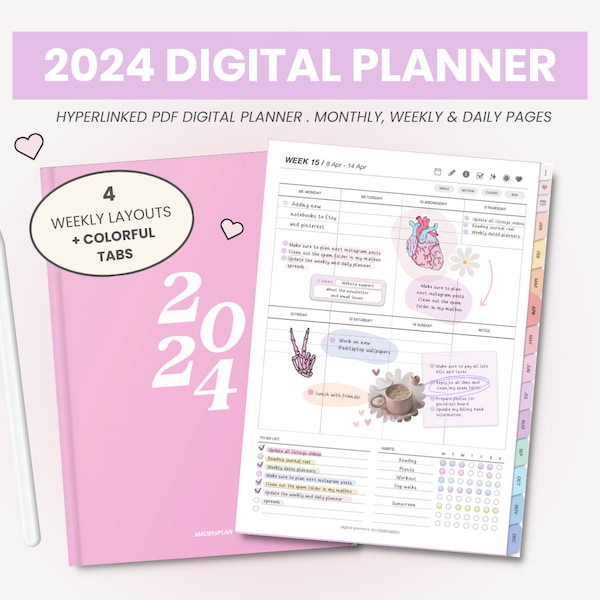 2024 Digital Planner | 2024 Portrait Planner | Daily & Weekly Planner | Hyperlinked Planner and Digital Stickers for Goodnotes by MADEtoPLAN
