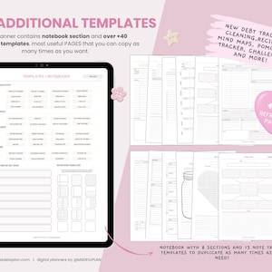 May include: A digital planner displayed on a tablet screen alongside various page layouts including a debt tracker, cleaning, recipes, mind maps, and pomodoro tracker. The interface features a notebook section and over 40 additional templates.