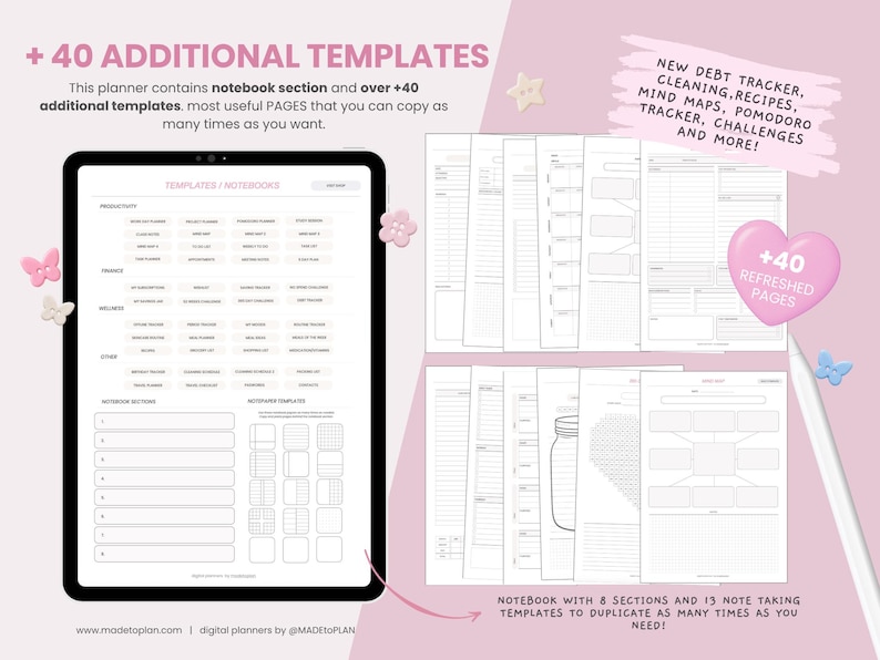 May include: A digital planner displayed on a tablet screen alongside various page layouts including a debt tracker, cleaning, recipes, mind maps, and pomodoro tracker. The interface features a notebook section and over 40 additional templates.