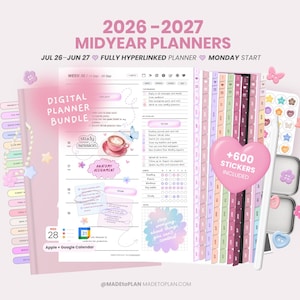 2026 2027 Mid Year Digital Planner Bundle, Portrait Dated Daily, Weekly, Monthly Digital Planner, Cute Stickers iPad Goodnotes MADEtoPLAN image 1