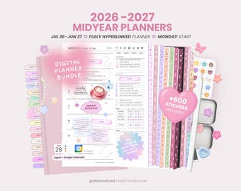 2026 2027 Mid Year Digital Planner Bundle, Portrait Dated Daily, Weekly, Monthly Digital Planner, Cute Stickers iPad Goodnotes MADEtoPLAN