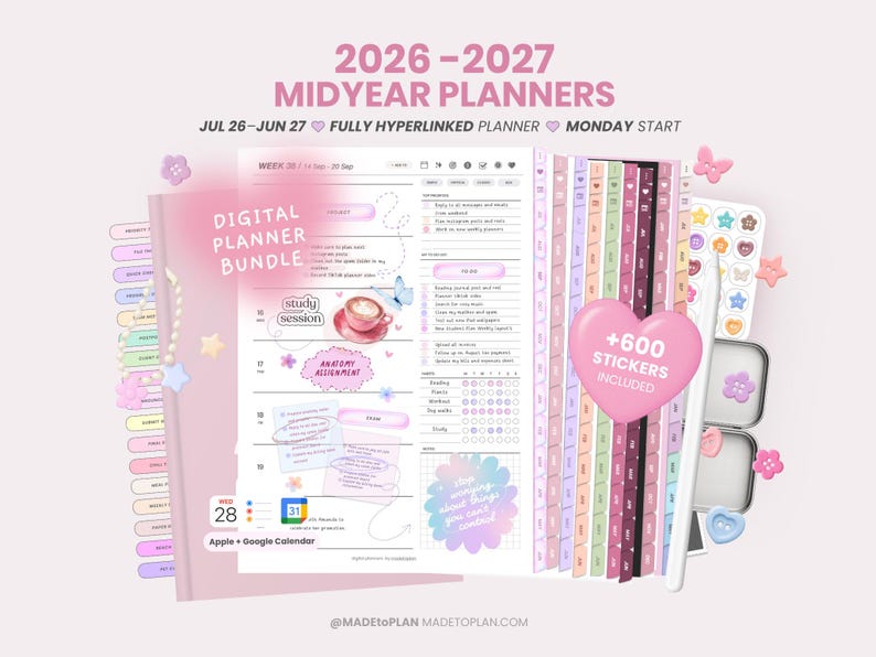 2026 2027 Mid Year Digital Planner Bundle, Portrait Dated Daily, Weekly, Monthly Digital Planner, Cute Stickers iPad Goodnotes MADEtoPLAN image 1