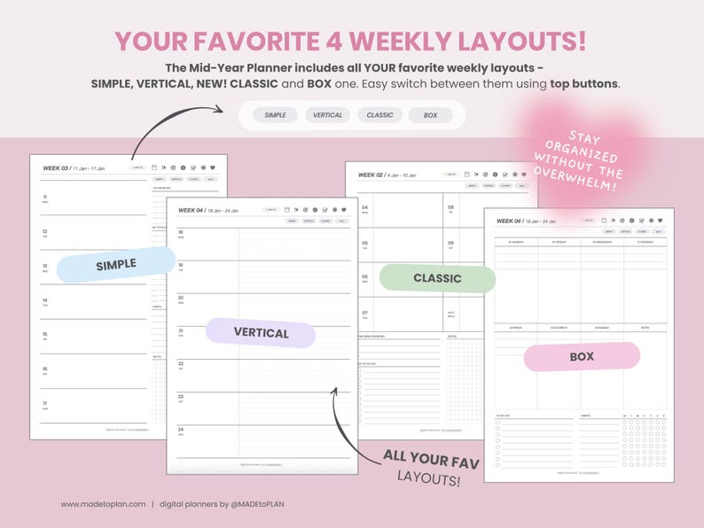 May include: A digital planner display featuring four distinct weekly layouts labeled Simple, Vertical, Classic, and Box. The text reads: YOUR FAVORITE 4 WEEKLY LAYOUTS! The Mid-Year Planner includes all YOUR favorite weekly layouts. STAY ORGANIZED WITHOUT THE OVERWHELM!