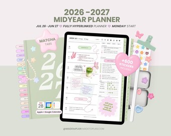 2026 2027 Mid Year Digital Planner, Portrait Dated Daily, Weekly, Monthly Digital Planner, iPad and Goodnotes Planner Journal MADEtoPLAN
