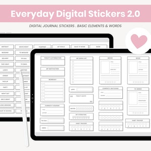 May include: A digital planner with a black background and white text. The planner includes sections for daily affirmations, a wish list, a workout log, a book tracker, a movie tracker, and a habit tracker. The planner is designed to be used with a stylus.
