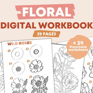 How To Draw Flowers Procreate Workbook | Floral Digital Step-By-Step Drawing Guide eBook - Drawing Practice Worksheets - Learn How To Draw