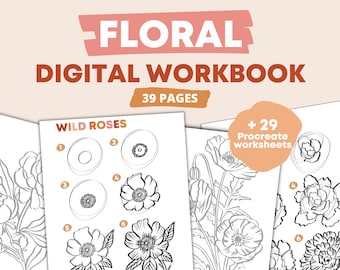 How To Draw Flowers Procreate Workbook | Floral Digital Step-By-Step Drawing Guide eBook - Drawing Practice Worksheets - Learn How To Draw