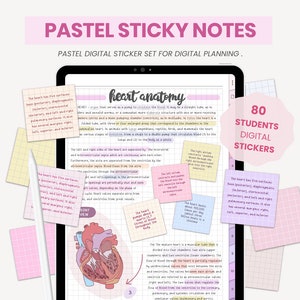 May include: A set of 80 pastel digital stickers featuring a heart anatomy illustration. The stickers are designed for digital planning and feature a variety of pastel colors and grid patterns.