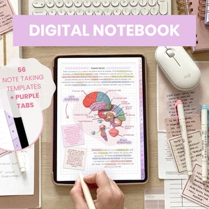 May include: A digital notebook with 56 note-taking templates and purple tabs. The notebook is open to a page with a diagram of the human brain. The notebook is on a desk with other stationery items, including pens, highlighters, and sticky notes.