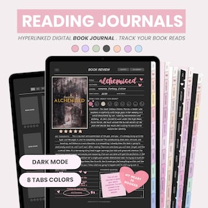 May include: A digital reading journal displayed on a tablet, showcasing a book review template for "Alchemised." The journal offers multi-coloured tabs and a dark mode. The image includes the text "Reading Journals" and a pink heart that says "My Heart is Booked."