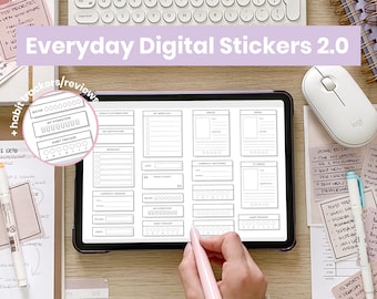 Può includere: Un planner digitale sullo schermo di un tablet con uno stilo rosa. Il planner ha sezioni per attività quotidiane, tracciamento delle abitudini e definizione degli obiettivi. Il testo "Everyday Digital Stickers 2.0" è visualizzato nella parte superiore dell'immagine.