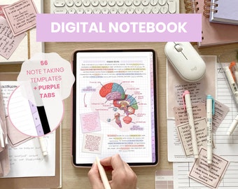 May include: A digital notebook with 56 note-taking templates and purple tabs. The notebook is open to a page with a diagram of the human brain. The notebook is on a desk with other stationery items, including pens, highlighters, and sticky notes.