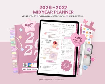 2026 2027 Mid Year Digital Planner, Portrait Dated Daily, Weekly, Monthly Digital Planner, iPad and Goodnotes Planner Journal MADEtoPLAN