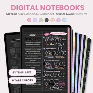 Puede incluir: Cuadernos digitales con una interfaz de modo oscuro. La imagen muestra una tableta que muestra una lección de química con 63 plantillas y 6 colores de pestañas. El texto en la pantalla incluye "alkene" y "Reactions of Alkenes".