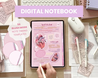 May include: A digital notebook with a pink and white design. The notebook is open to a page with a diagram of the heart. The text "heart structure" and "cardiac cycle" is visible on the page. The notebook is on a table with other stationery items, including pens, highlighters, and sticky notes.