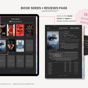 May include: A digital planner page with a black background and a grid of book covers. The page is titled "Book Series + Reviews Page". There are 72 book series listed on the page. The page also includes a section for series reviews and a section for rating the series.