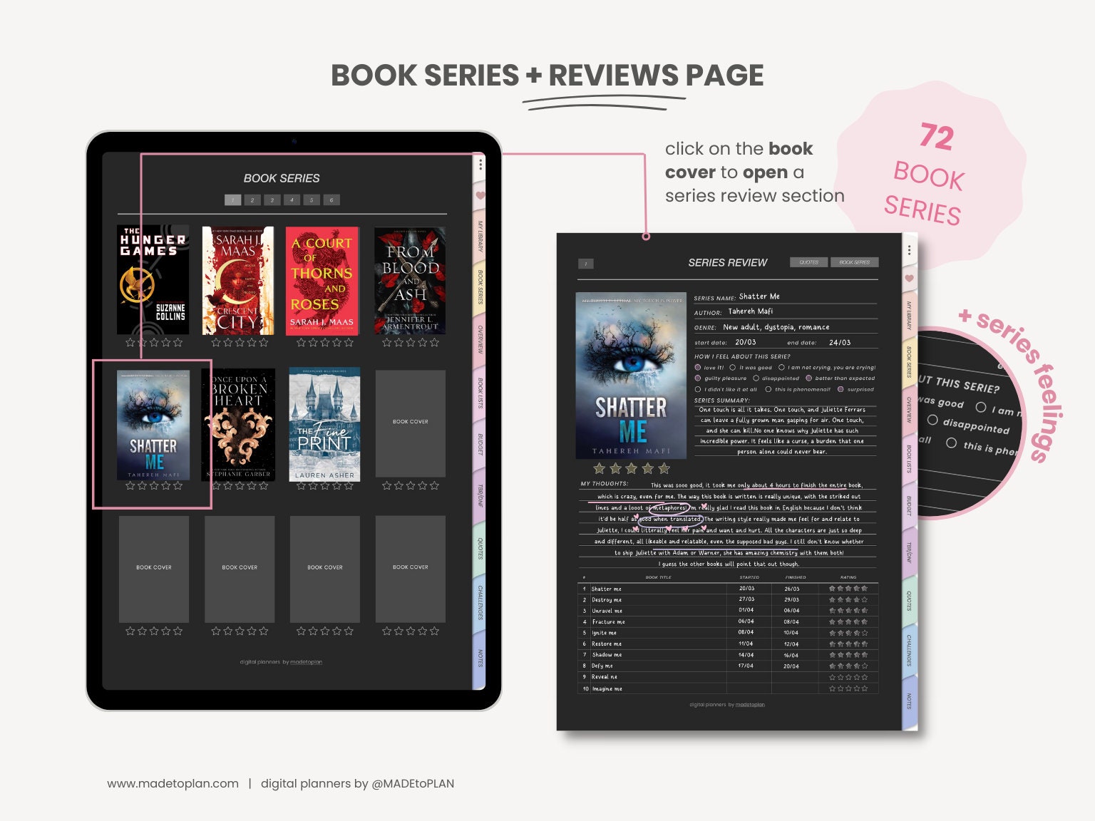 Digital Books Pages. Example Digital Reading Journal | Dark Mode Reading Planner | Dark Academia ...