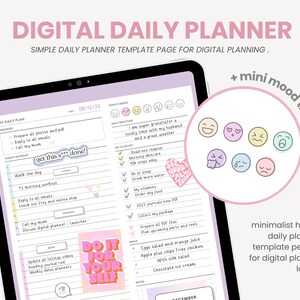 May include: A digital daily planner template on a tablet screen with a pink and purple color scheme. The planner includes sections for priorities, today's schedule, and a mini mood tracker. The text "DIGITAL DAILY PLANNER" is at the top of the screen. The date "08/12/22" is displayed in the upper right corner. The planner includes a section for "Today's Mood" with a row of six different emoji faces. The planner also includes a section for "Daily Gratitude" with the text "I am super grateful for a lovely time with my husband and a great weather". The planner includes a section for "To Do Today" with a list of tasks. The planner includes a section for "Notes" with the text "DO IT FOR YOUR SELF". The planner includes a section for "Meals" with a list of meals. The planner includes a section for "December" with a grid of squares.