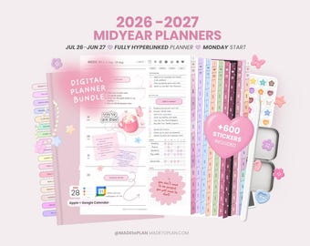 2026 2027 Mid Year Digital Planner Bundle, Portrait Dated Daily, Weekly, Monthly Digital Planner, Cute Stickers iPad Goodnotes MADEtoPLAN