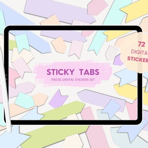 May include: A digital tablet screen displaying a set of 72 pastel colored digital sticky tabs. The text "STICKY TABS" and "PASTEL DIGITAL STICKERS SET" is displayed on the screen. A white stylus is next to the tablet.