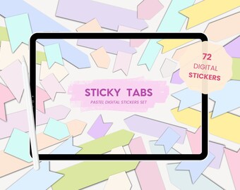 May include: A digital tablet screen displaying a set of 72 pastel colored digital sticky tabs. The text "STICKY TABS" and "PASTEL DIGITAL STICKERS SET" is displayed on the screen. A white stylus is next to the tablet.