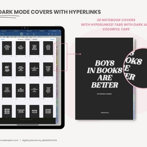 May include: A digital planner cover with a dark background and white text that reads "Boys in Books are Better". The cover is part of a set of 20 dark mode covers with hyperlinks and colorful tabs.