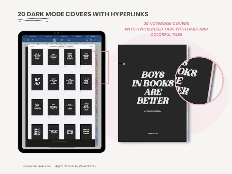 May include: A digital planner cover with a dark background and white text that reads "Boys in Books are Better". The cover is part of a set of 20 dark mode covers with hyperlinks and colorful tabs.