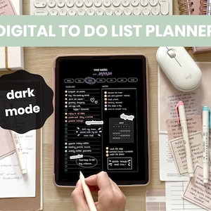 May include: A digital to-do list planner app on a tablet with a dark mode interface. The screen shows a weekly planner with a calendar, to-do list, and notes section. The app has a handwritten aesthetic with hearts, checkboxes, and handwritten text.