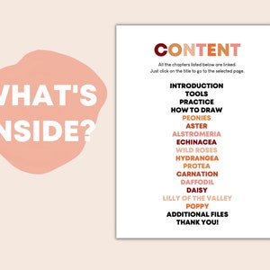 May include: A white printable sheet with the text "What's Inside?" in a pink circle and "CONTENT" in red. The sheet lists the chapters of a digital flower drawing course, including "Introduction", "Tools", "Practice", "How to Draw", "Peonies", "Aster", "Alstromeria", "Echinacea", "Wild Roses", "Hydrangea", "Protea", "Carnation", "Daffodil", "Daisy", "Lilly of the Valley", "Poppy", "Additional Files", and "Thank You!"