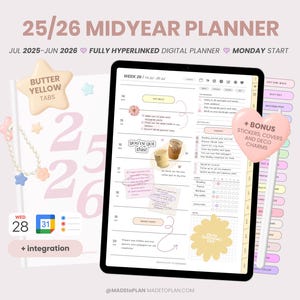 2025-2026 Portrait Mid Year Digital Planner | Hyperlinked Dated Monthly Weekly Daily Pages | Everyday Stickers iPad Goodnotes MADEtoPLAN