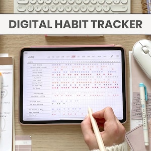 Könnte beinhalten: Ein digitaler Gewohnheitstracker auf einem Tablet-Bildschirm mit einem Stift. Der Tracker ist ein Raster mit verschiedenen farbigen Punkten, die abgeschlossene Gewohnheiten darstellen. Das Tablet befindet sich auf einem Holztisch mit anderen Büroartikeln.