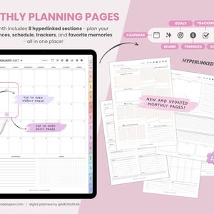 May include: A digital planner displayed on a tablet screen showing a January 2027 monthly calendar with hyperlinked icons for goals, trackers, and finances. Additional planning pages are shown alongside with text labels and pink button icons.