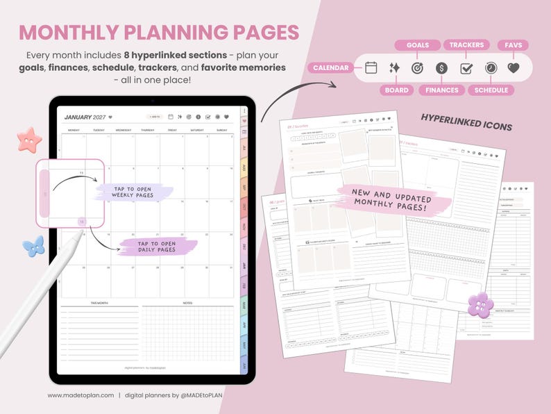 May include: A digital planner displayed on a tablet screen showing a January 2027 monthly calendar with hyperlinked icons for goals, trackers, and finances. Additional planning pages are shown alongside with text labels and pink button icons.