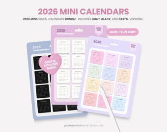 2026 Digital Monthly Calendar Stickers | 2026 Dark Mode Calendar Pastel Stickers for GoodNotes PNG (Sunday and Monday Start) by MADEtoPLAN
