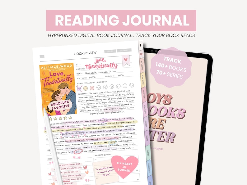 Pode incluir: Um di&aacute;rio de leitura digital com um design rosa e branco. O di&aacute;rio tem uma se&ccedil;&atilde;o para avalia&ccedil;&otilde;es de livros e uma se&ccedil;&atilde;o para acompanhar os livros lidos. A capa do livro "Love, Theoretically" de Ali Hazelwood &eacute; mostrada. O texto "TRACK 140+ BOOKS 70+ SERIES" est&aacute; em um c&iacute;rculo rosa. O texto "BOYS BOOKS ARE BETTER" est&aacute; em um fundo rosa e branco.