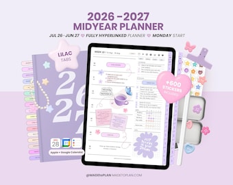 2026 2027 Mid Year Digital Planner, Portrait Dated Daily, Weekly, Monthly Digital Planner, iPad and Goodnotes Planner Journal MADEtoPLAN