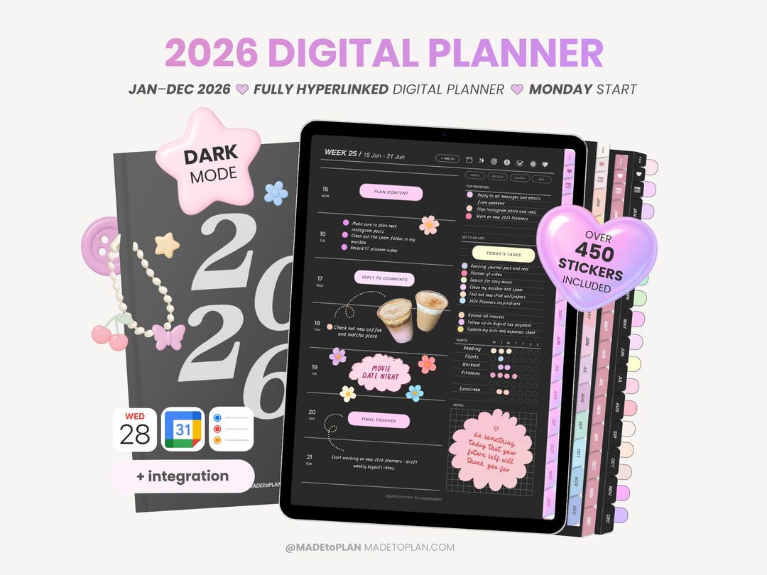 2026 Dark Mode Digital Planner| Hyperlinked Portrait Dated Monthly ...