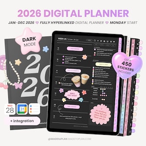 2026年 ダークモード デジタルプランナー | ハイパーリンク付き 縦向き 日付付き 月間・週間・日次プランナー | 毎日使えるステッカー | iPad Goodnotes MADEtoPLAN